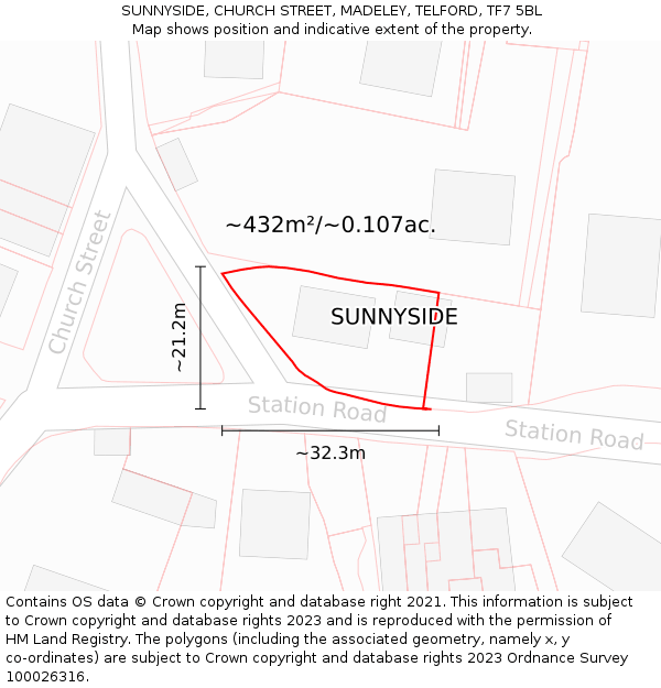 SUNNYSIDE, CHURCH STREET, MADELEY, TELFORD, TF7 5BL: Plot and title map