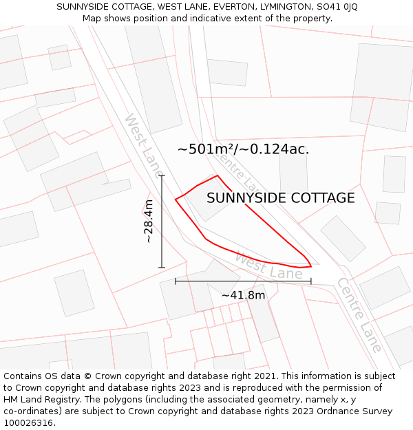 SUNNYSIDE COTTAGE, WEST LANE, EVERTON, LYMINGTON, SO41 0JQ: Plot and title map