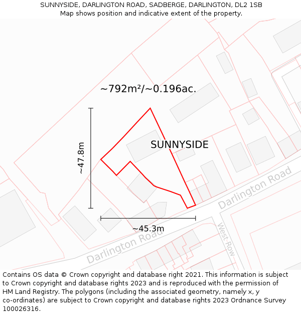 SUNNYSIDE, DARLINGTON ROAD, SADBERGE, DARLINGTON, DL2 1SB: Plot and title map