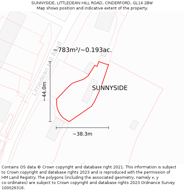 SUNNYSIDE, LITTLEDEAN HILL ROAD, CINDERFORD, GL14 2BW: Plot and title map