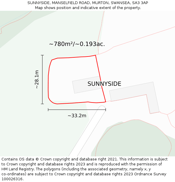 SUNNYSIDE, MANSELFIELD ROAD, MURTON, SWANSEA, SA3 3AP: Plot and title map