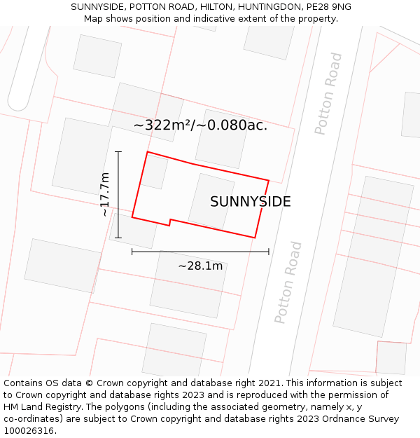 SUNNYSIDE, POTTON ROAD, HILTON, HUNTINGDON, PE28 9NG: Plot and title map