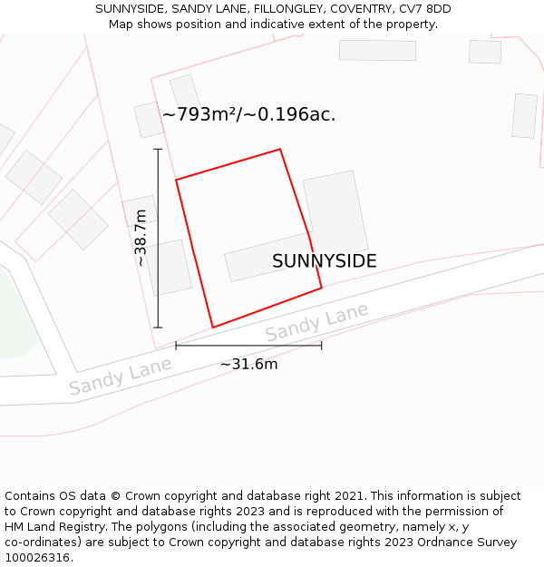 SUNNYSIDE, SANDY LANE, FILLONGLEY, COVENTRY, CV7 8DD: Plot and title map