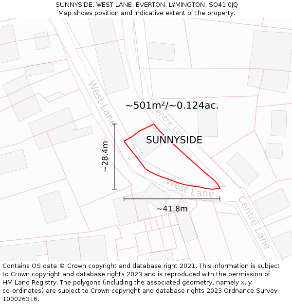 SUNNYSIDE, WEST LANE, EVERTON, LYMINGTON, SO41 0JQ: Plot and title map