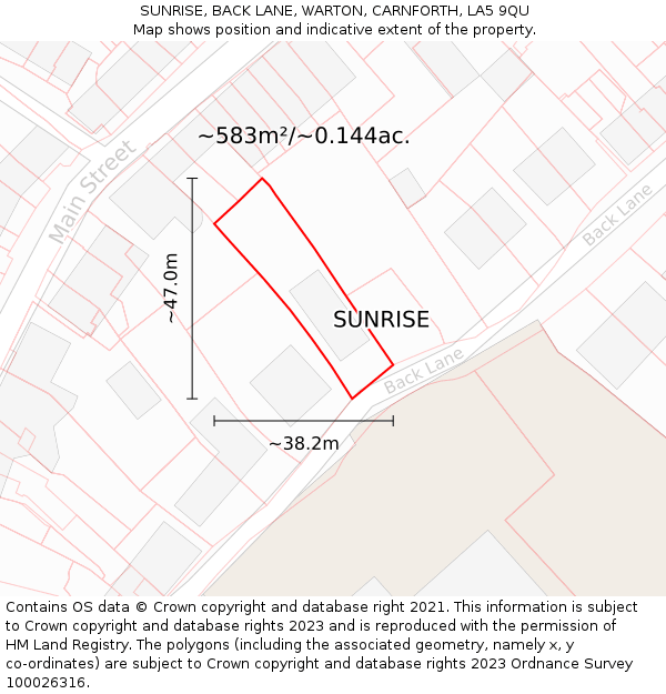 SUNRISE, BACK LANE, WARTON, CARNFORTH, LA5 9QU: Plot and title map