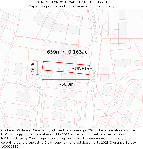 SUNRISE, LONDON ROAD, HENFIELD, BN5 9JH: Plot and title map