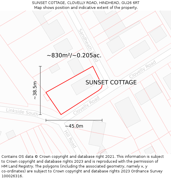 SUNSET COTTAGE, CLOVELLY ROAD, HINDHEAD, GU26 6RT: Plot and title map