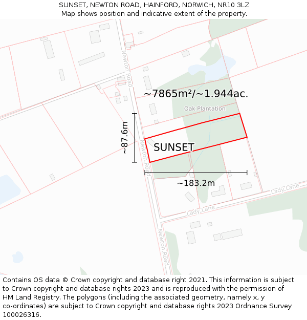 SUNSET, NEWTON ROAD, HAINFORD, NORWICH, NR10 3LZ: Plot and title map