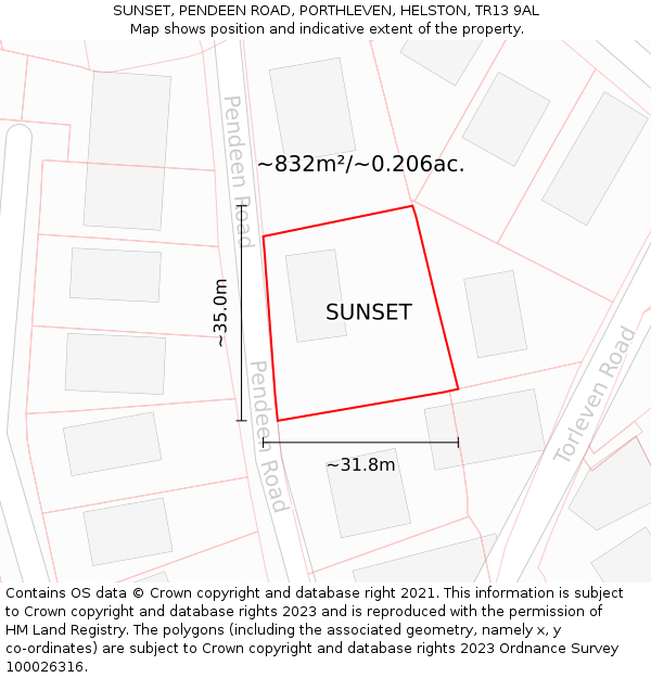 SUNSET, PENDEEN ROAD, PORTHLEVEN, HELSTON, TR13 9AL: Plot and title map