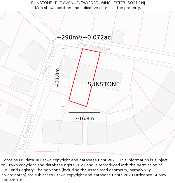 SUNSTONE, THE AVENUE, TWYFORD, WINCHESTER, SO21 1NJ: Plot and title map