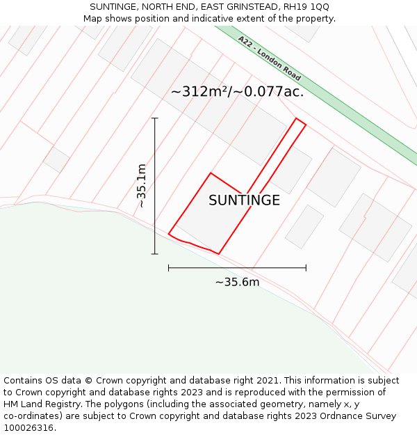 SUNTINGE, NORTH END, EAST GRINSTEAD, RH19 1QQ: Plot and title map