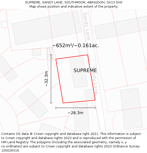 SUPREME, SANDY LANE, SOUTHMOOR, ABINGDON, OX13 5HX: Plot and title map