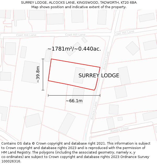 SURREY LODGE, ALCOCKS LANE, KINGSWOOD, TADWORTH, KT20 6BA: Plot and title map