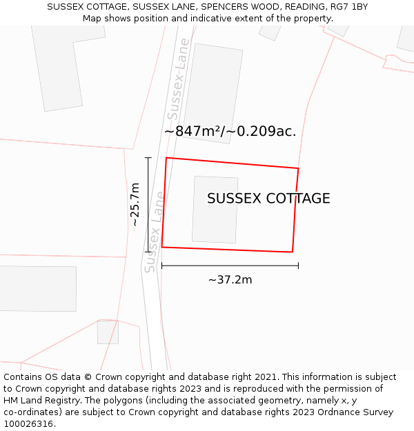 SUSSEX COTTAGE, SUSSEX LANE, SPENCERS WOOD, READING, RG7 1BY: Plot and title map