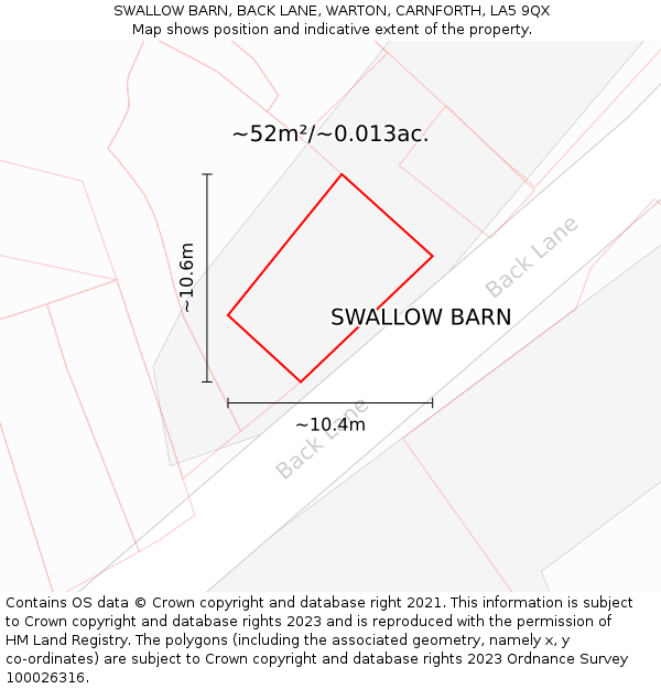 SWALLOW BARN, BACK LANE, WARTON, CARNFORTH, LA5 9QX: Plot and title map