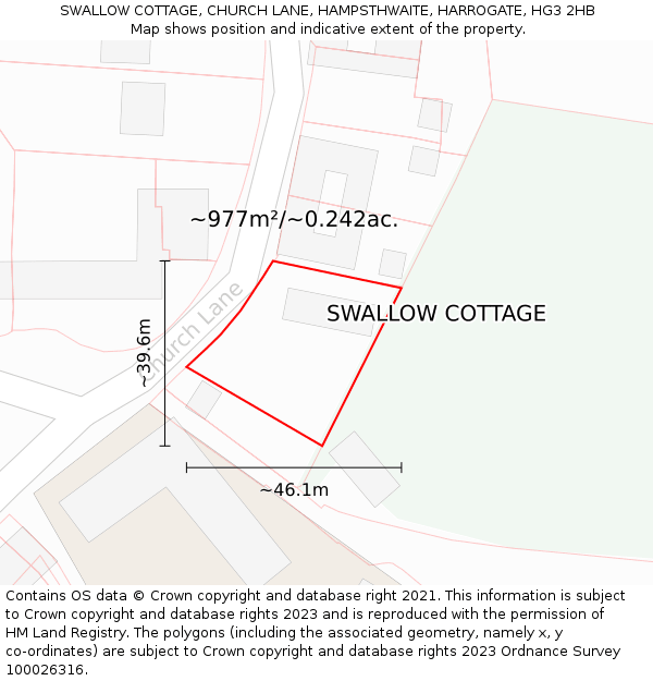 SWALLOW COTTAGE, CHURCH LANE, HAMPSTHWAITE, HARROGATE, HG3 2HB: Plot and title map