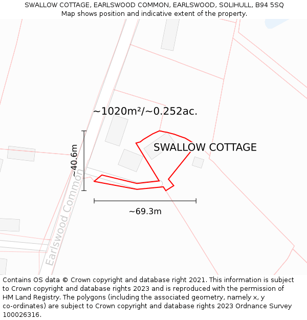 SWALLOW COTTAGE, EARLSWOOD COMMON, EARLSWOOD, SOLIHULL, B94 5SQ: Plot and title map