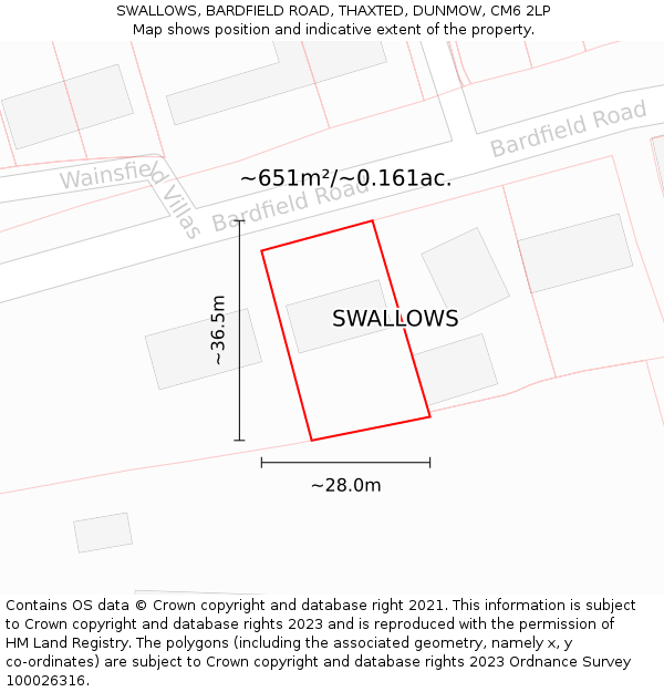 SWALLOWS, BARDFIELD ROAD, THAXTED, DUNMOW, CM6 2LP: Plot and title map