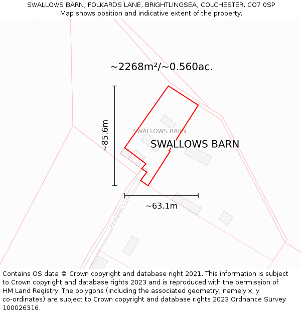 SWALLOWS BARN, FOLKARDS LANE, BRIGHTLINGSEA, COLCHESTER, CO7 0SP: Plot and title map