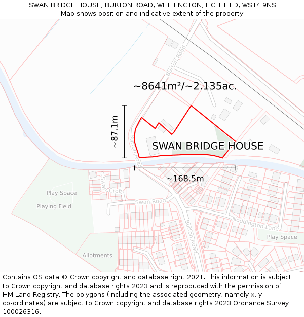 SWAN BRIDGE HOUSE, BURTON ROAD, WHITTINGTON, LICHFIELD, WS14 9NS: Plot and title map
