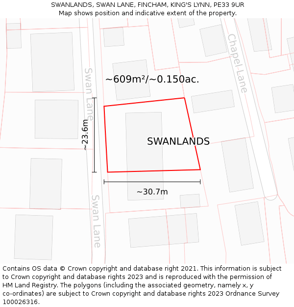 SWANLANDS, SWAN LANE, FINCHAM, KING'S LYNN, PE33 9UR: Plot and title map