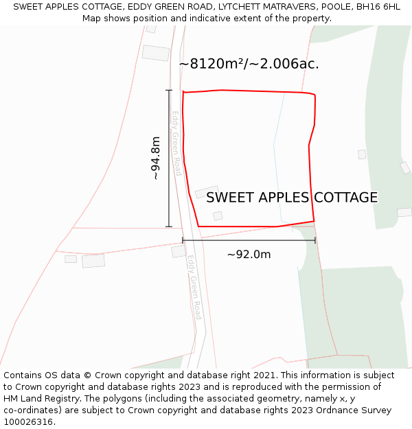 SWEET APPLES COTTAGE, EDDY GREEN ROAD, LYTCHETT MATRAVERS, POOLE, BH16 6HL: Plot and title map