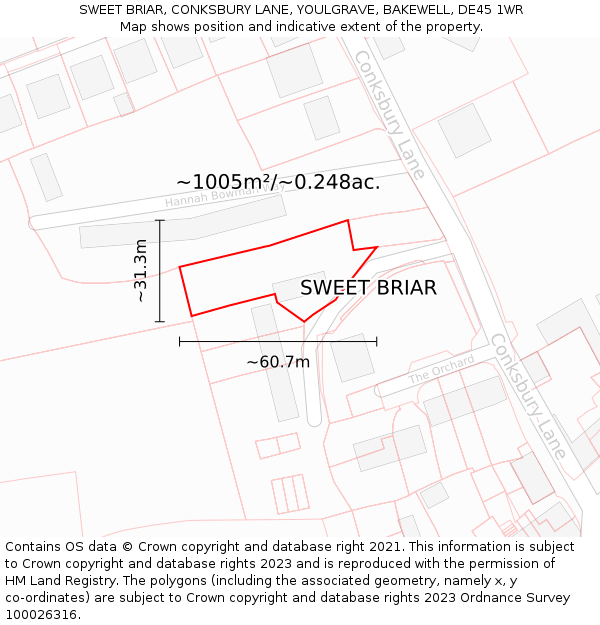 SWEET BRIAR, CONKSBURY LANE, YOULGRAVE, BAKEWELL, DE45 1WR: Plot and title map