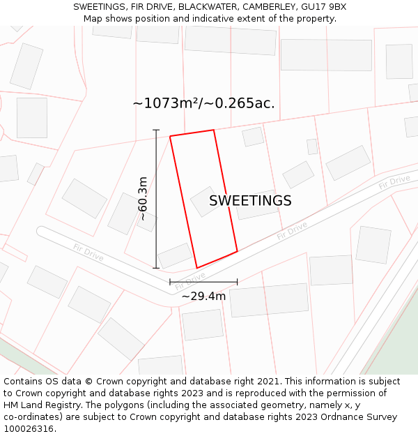 SWEETINGS, FIR DRIVE, BLACKWATER, CAMBERLEY, GU17 9BX: Plot and title map