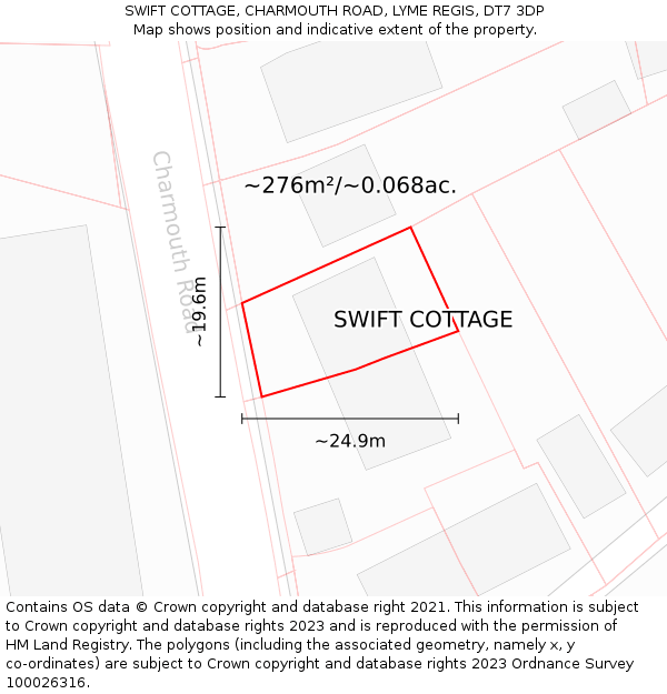 SWIFT COTTAGE, CHARMOUTH ROAD, LYME REGIS, DT7 3DP: Plot and title map