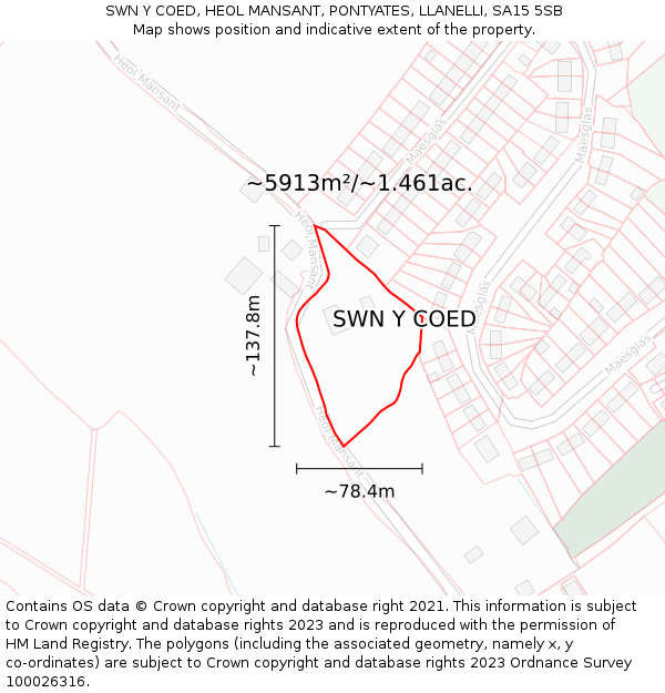 SWN Y COED, HEOL MANSANT, PONTYATES, LLANELLI, SA15 5SB: Plot and title map