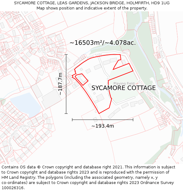 SYCAMORE COTTAGE, LEAS GARDENS, JACKSON BRIDGE, HOLMFIRTH, HD9 1UG: Plot and title map