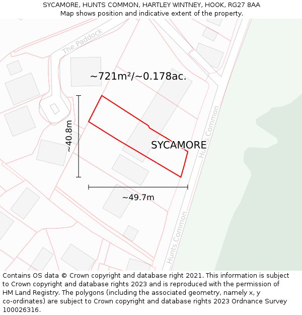 SYCAMORE, HUNTS COMMON, HARTLEY WINTNEY, HOOK, RG27 8AA: Plot and title map