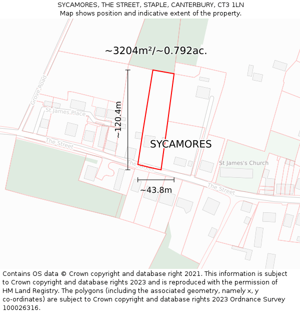 SYCAMORES, THE STREET, STAPLE, CANTERBURY, CT3 1LN: Plot and title map