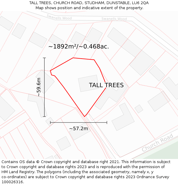 TALL TREES, CHURCH ROAD, STUDHAM, DUNSTABLE, LU6 2QA: Plot and title map