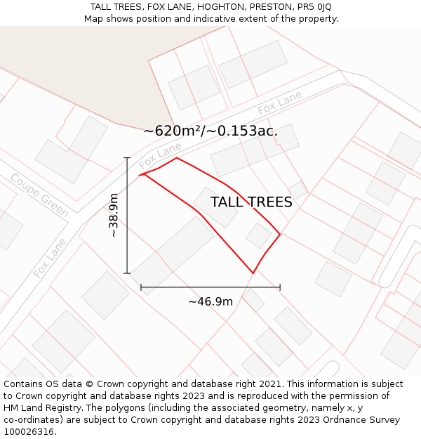 TALL TREES, FOX LANE, HOGHTON, PRESTON, PR5 0JQ: Plot and title map