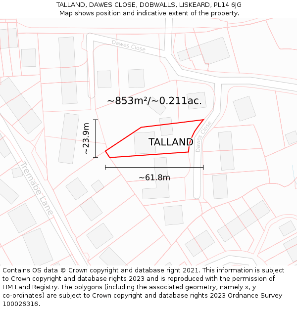 TALLAND, DAWES CLOSE, DOBWALLS, LISKEARD, PL14 6JG: Plot and title map