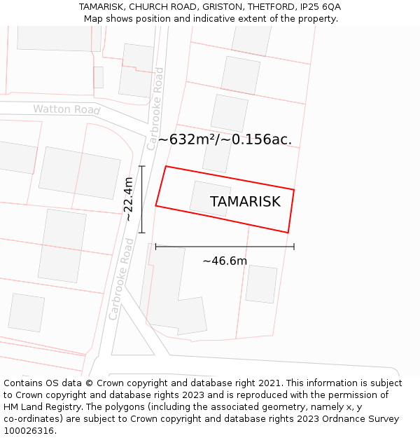 TAMARISK, CHURCH ROAD, GRISTON, THETFORD, IP25 6QA: Plot and title map