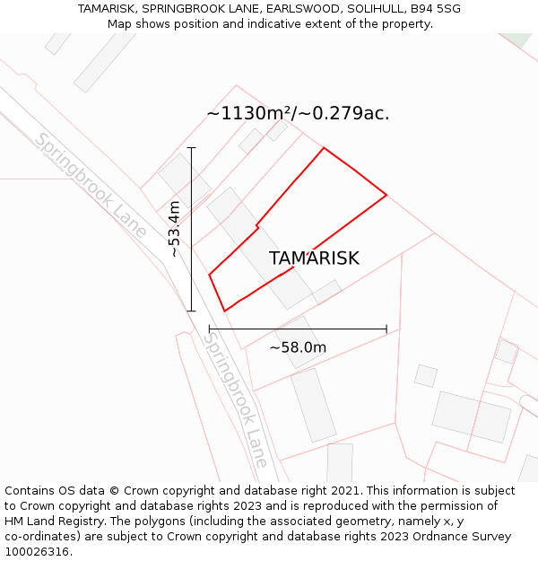 TAMARISK, SPRINGBROOK LANE, EARLSWOOD, SOLIHULL, B94 5SG: Plot and title map