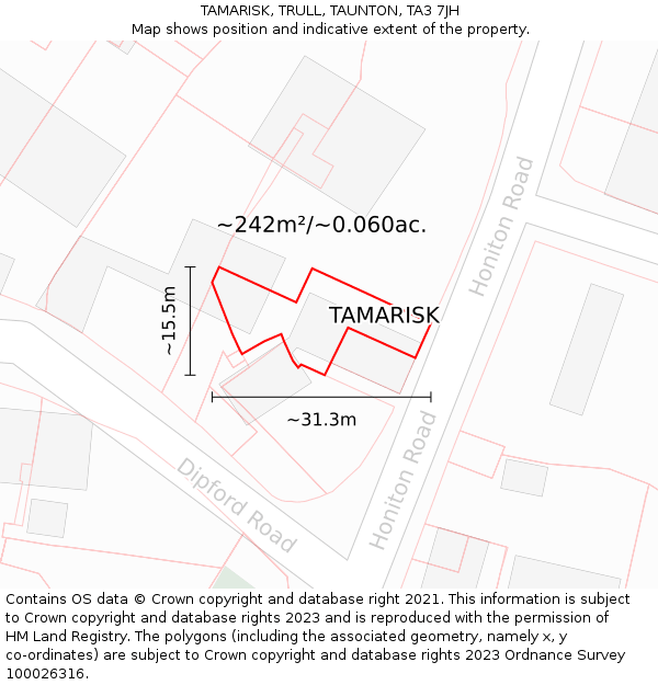 TAMARISK, TRULL, TAUNTON, TA3 7JH: Plot and title map