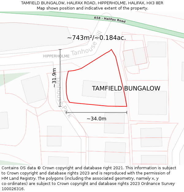 TAMFIELD BUNGALOW, HALIFAX ROAD, HIPPERHOLME, HALIFAX, HX3 8ER: Plot and title map