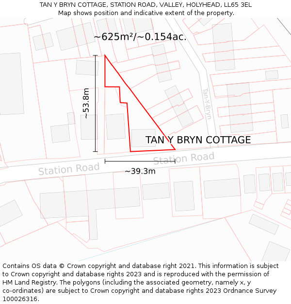 TAN Y BRYN COTTAGE, STATION ROAD, VALLEY, HOLYHEAD, LL65 3EL: Plot and title map