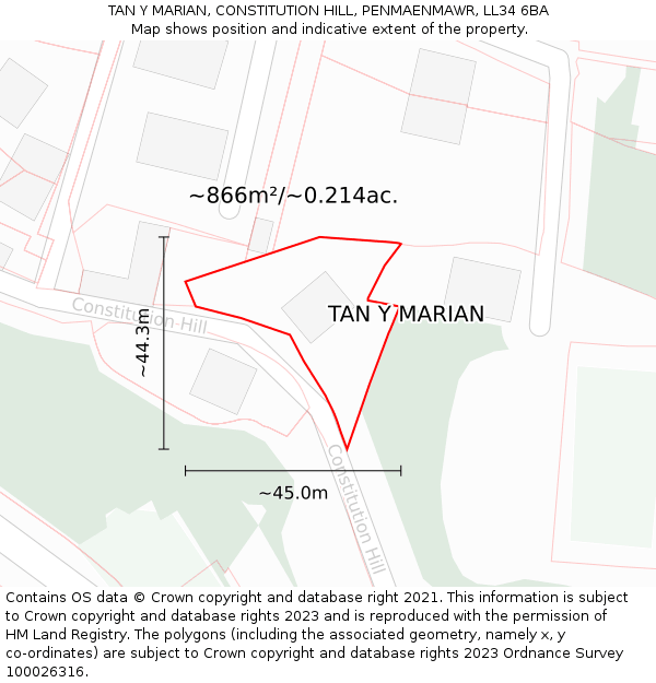 TAN Y MARIAN, CONSTITUTION HILL, PENMAENMAWR, LL34 6BA: Plot and title map