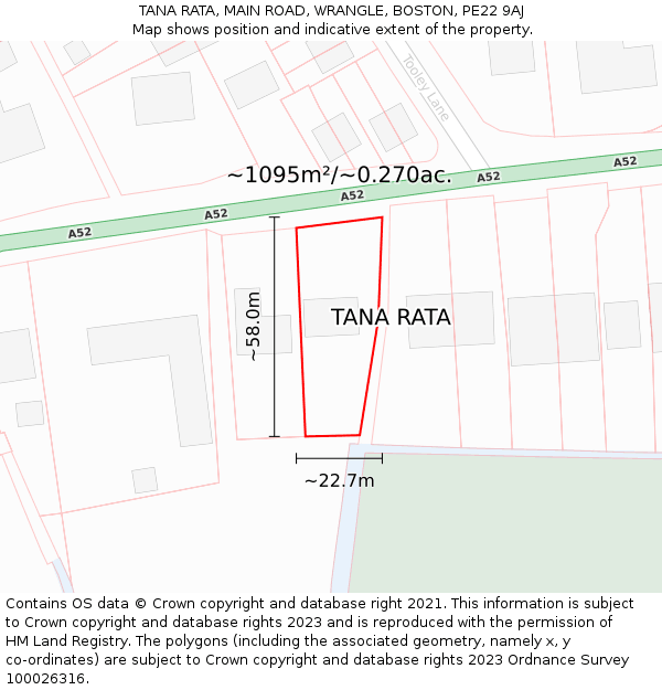 TANA RATA, MAIN ROAD, WRANGLE, BOSTON, PE22 9AJ: Plot and title map