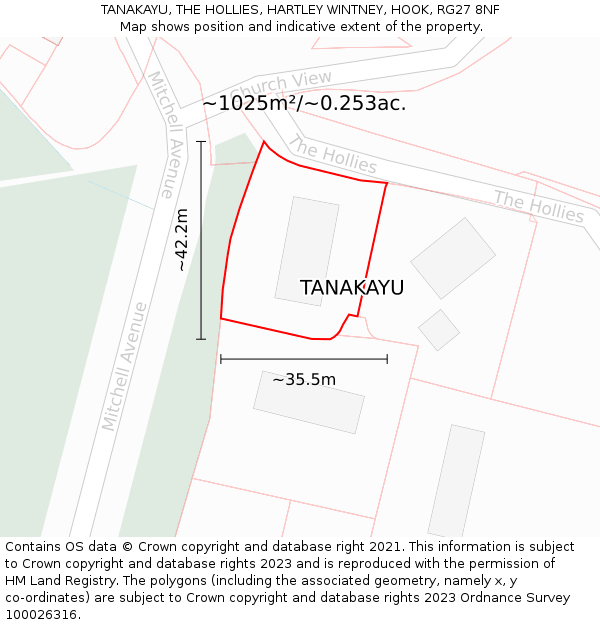 TANAKAYU, THE HOLLIES, HARTLEY WINTNEY, HOOK, RG27 8NF: Plot and title map