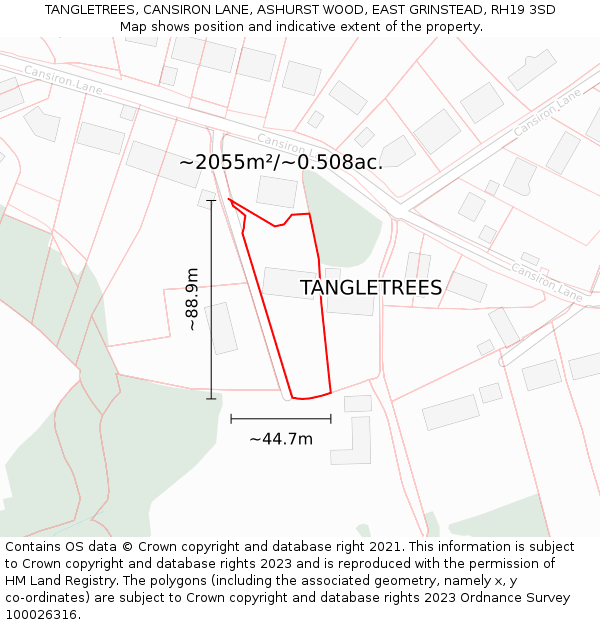 TANGLETREES, CANSIRON LANE, ASHURST WOOD, EAST GRINSTEAD, RH19 3SD: Plot and title map