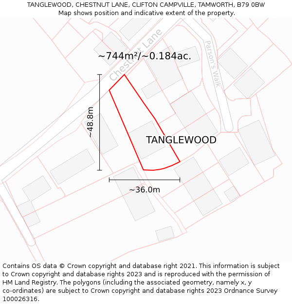 TANGLEWOOD, CHESTNUT LANE, CLIFTON CAMPVILLE, TAMWORTH, B79 0BW: Plot and title map