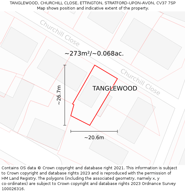 TANGLEWOOD, CHURCHILL CLOSE, ETTINGTON, STRATFORD-UPON-AVON, CV37 7SP: Plot and title map