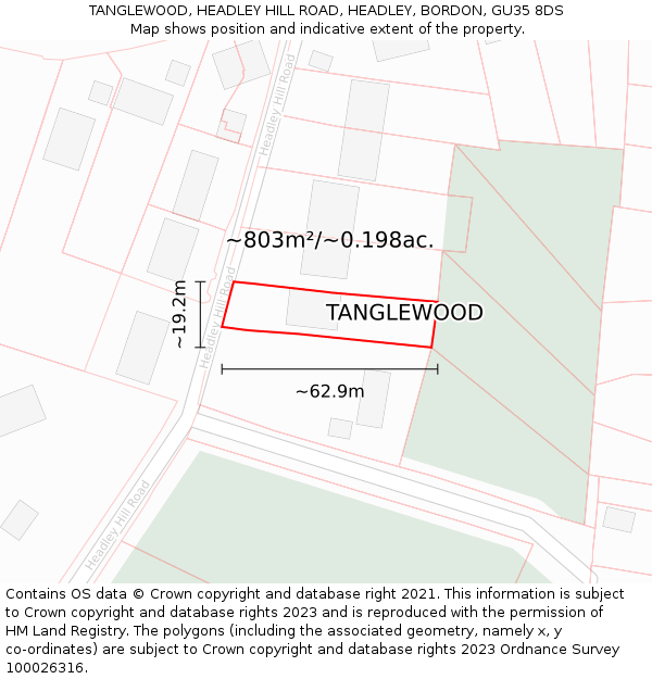 TANGLEWOOD, HEADLEY HILL ROAD, HEADLEY, BORDON, GU35 8DS: Plot and title map