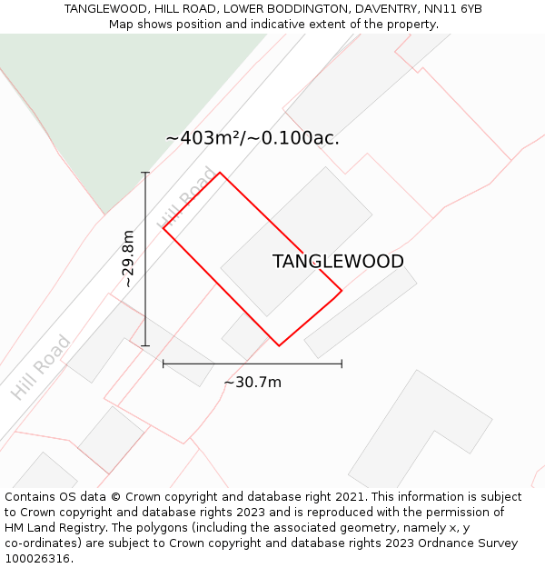 TANGLEWOOD, HILL ROAD, LOWER BODDINGTON, DAVENTRY, NN11 6YB: Plot and title map