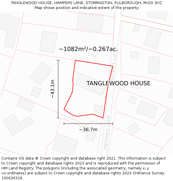 TANGLEWOOD HOUSE, HAMPERS LANE, STORRINGTON, PULBOROUGH, RH20 3HZ: Plot and title map